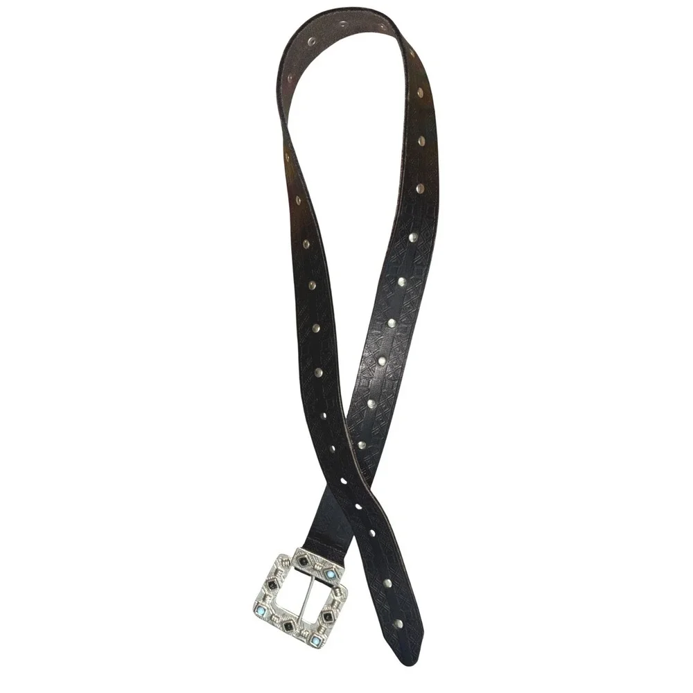 Leather Belt Boho Western Southwestern Embellished‎ Solid Brass Buckle India  LG